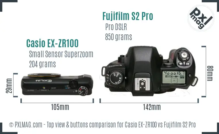Casio EX-ZR100 vs Fujifilm S2 Pro top view buttons comparison Casio EX-ZR100 vs Fujifilm S2 Pro top view buttons comparison