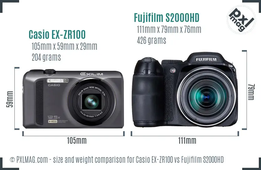 Casio EX-ZR100 vs Fujifilm S2000HD size comparison