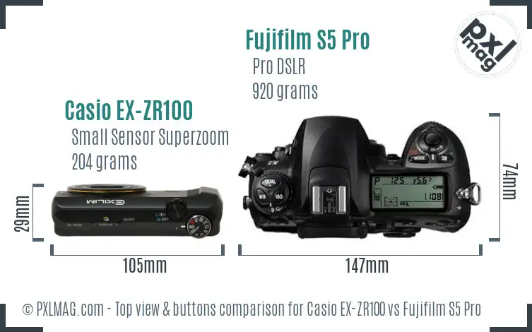 Casio EX-ZR100 vs Fujifilm S5 Pro top view buttons comparison