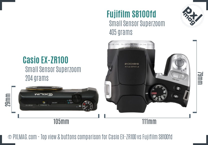 Casio EX-ZR100 vs Fujifilm S8100fd top view buttons comparison