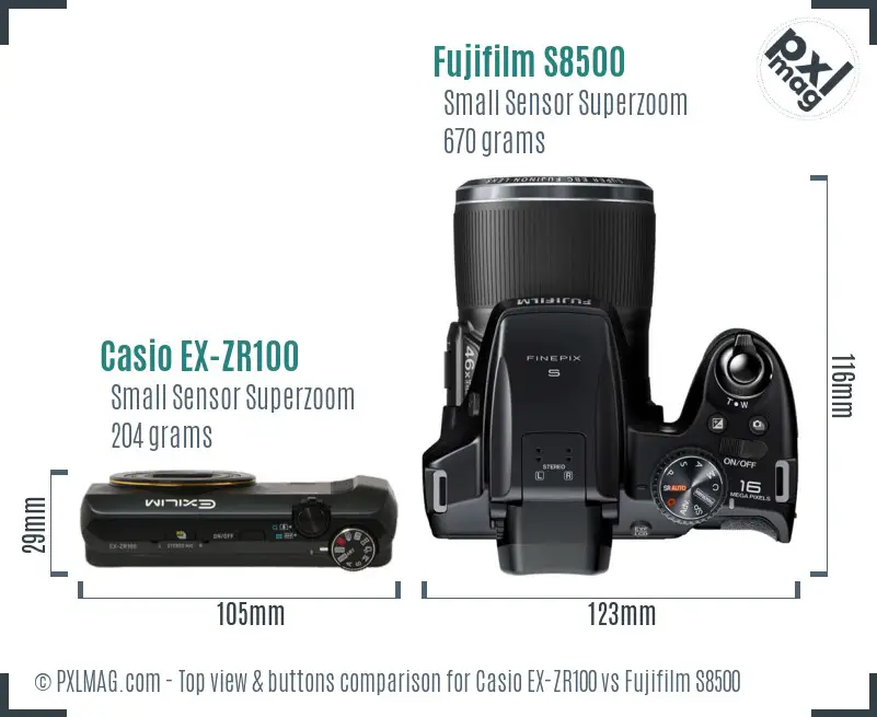 Casio EX-ZR100 vs Fujifilm S8500 top view buttons comparison