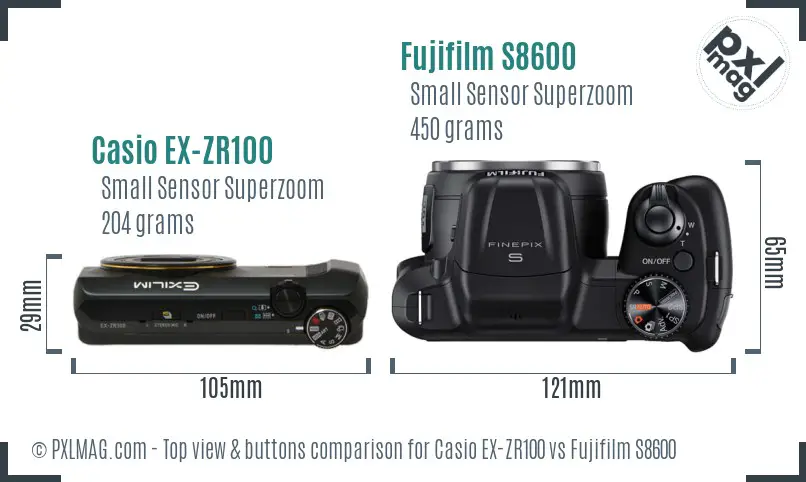 Casio EX-ZR100 vs Fujifilm S8600 top view buttons comparison