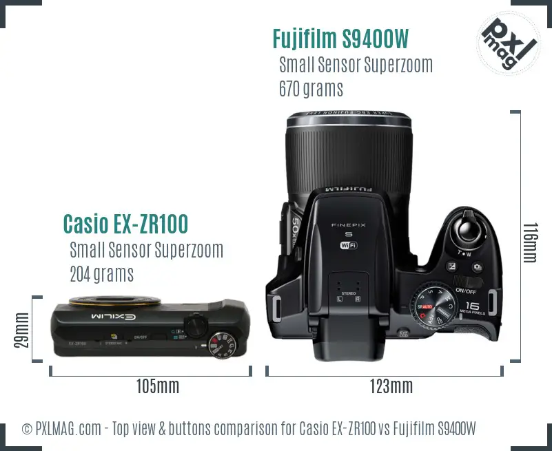 Casio EX-ZR100 vs Fujifilm S9400W top view buttons comparison