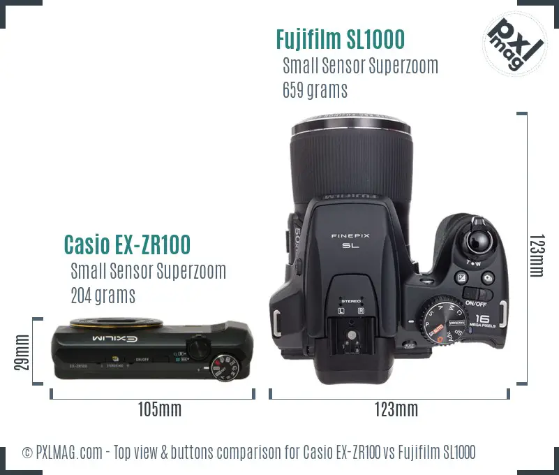 Casio EX-ZR100 vs Fujifilm SL1000 top view buttons comparison