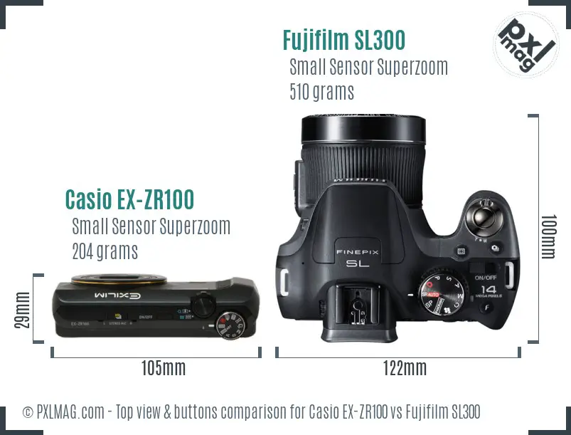Casio EX-ZR100 vs Fujifilm SL300 top view buttons comparison