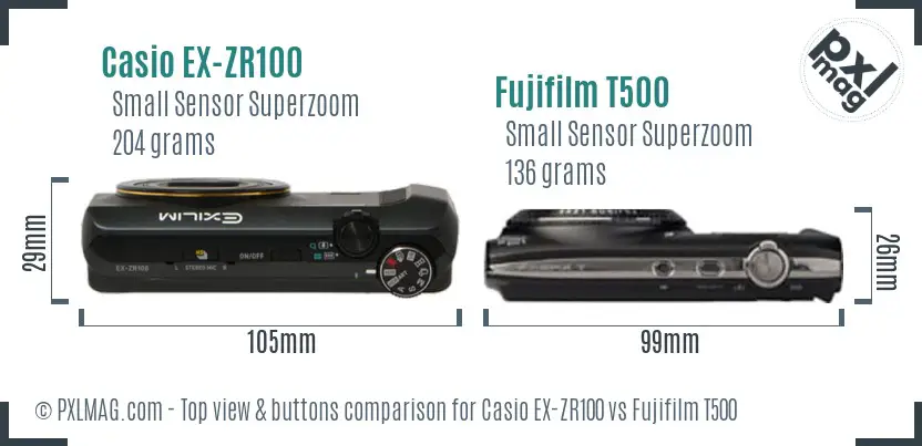 Casio EX-ZR100 vs Fujifilm T500 top view buttons comparison Casio EX-ZR100 vs Fujifilm T500 top view buttons comparison