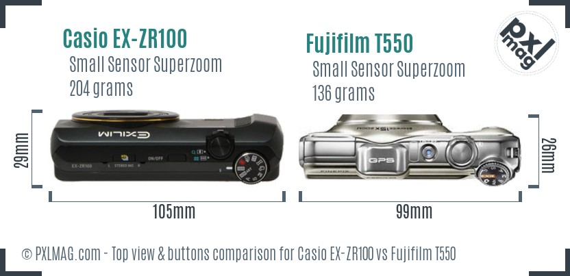 Casio EX-ZR100 vs Fujifilm T550 top view buttons comparison