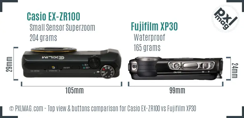 Casio EX-ZR100 vs Fujifilm XP30 top view buttons comparison