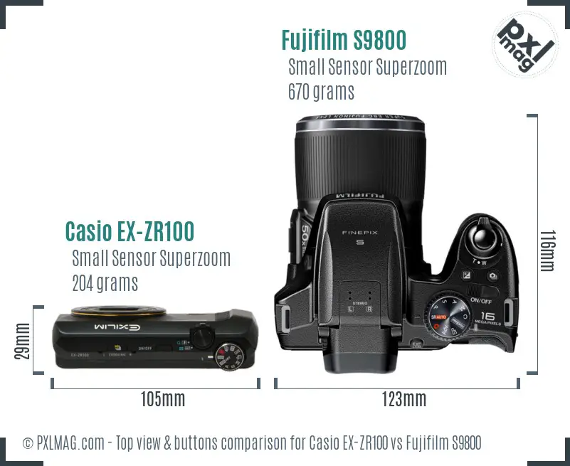 Casio EX-ZR100 vs Fujifilm S9800 top view buttons comparison Casio EX-ZR100 vs Fujifilm S9800 top view buttons comparison