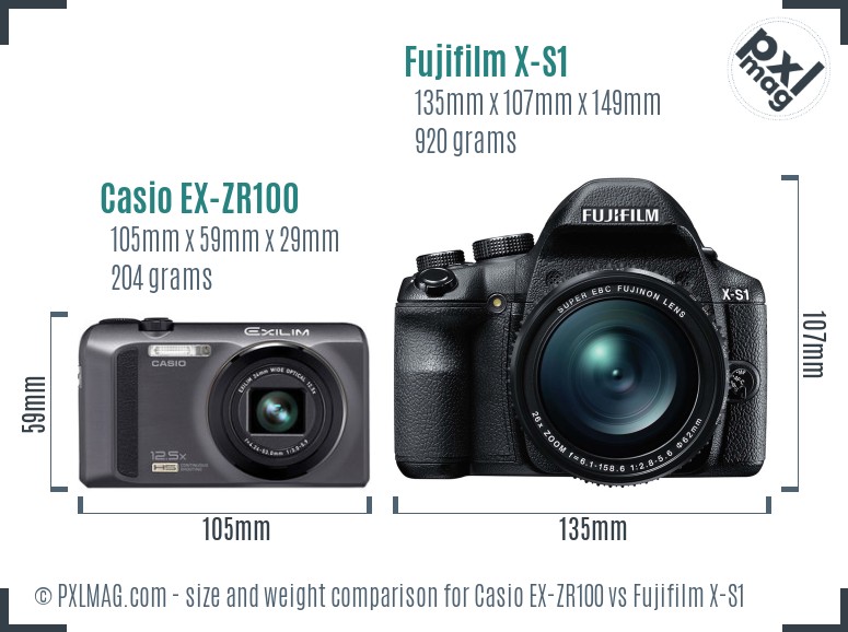 Casio EX-ZR100 vs Fujifilm X-S1 size comparison Casio EX-ZR100 vs Fujifilm X-S1 size comparison