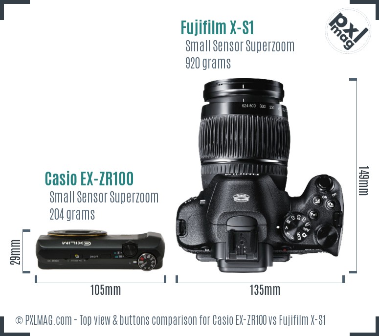 Casio EX-ZR100 vs Fujifilm X-S1 top view buttons comparison