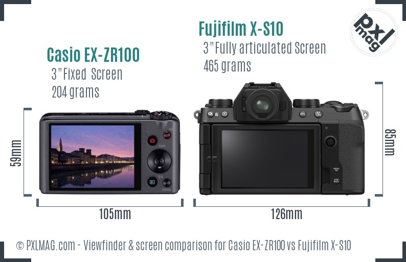 Casio EX-ZR100 vs Fujifilm X-S10 Screen and Viewfinder comparison