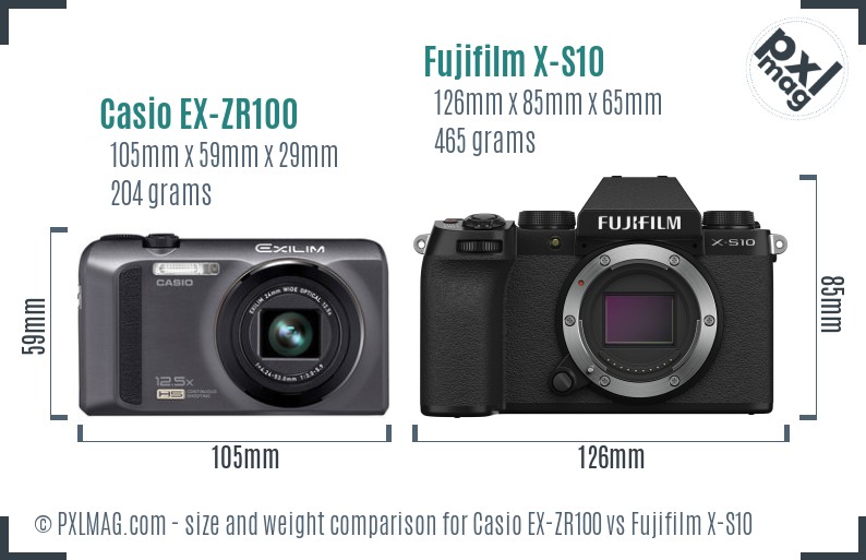 Casio EX-ZR100 vs Fujifilm X-S10 size comparison Casio EX-ZR100 vs Fujifilm X-S10 size comparison