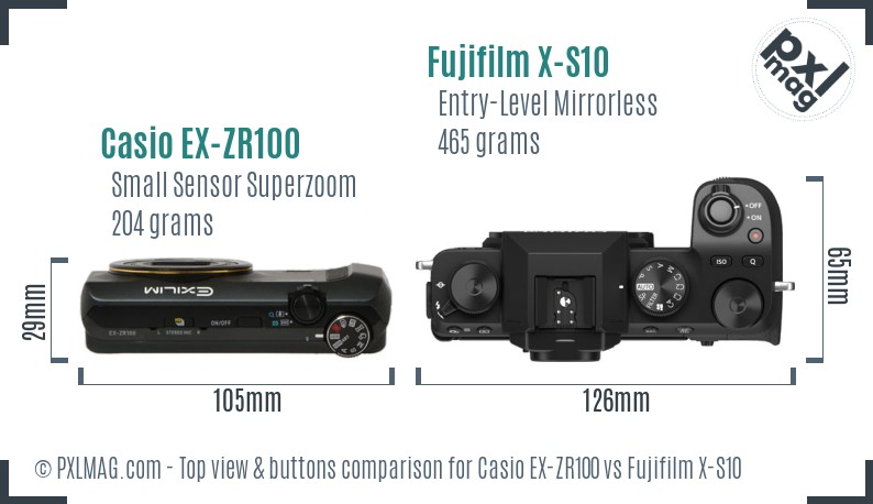Casio EX-ZR100 vs Fujifilm X-S10 top view buttons comparison
