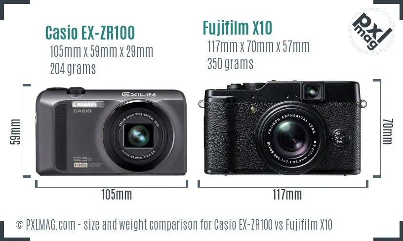Casio EX-ZR100 vs Fujifilm X10 size comparison