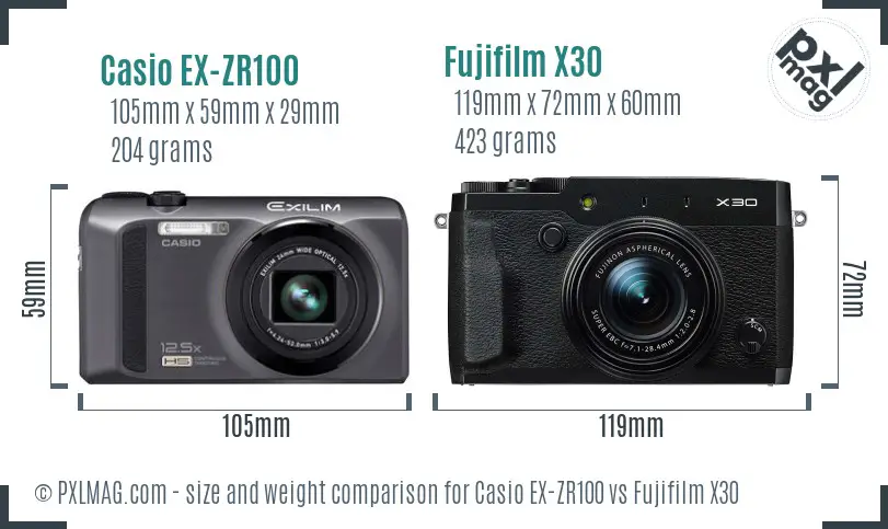 Casio EX-ZR100 vs Fujifilm X30 size comparison