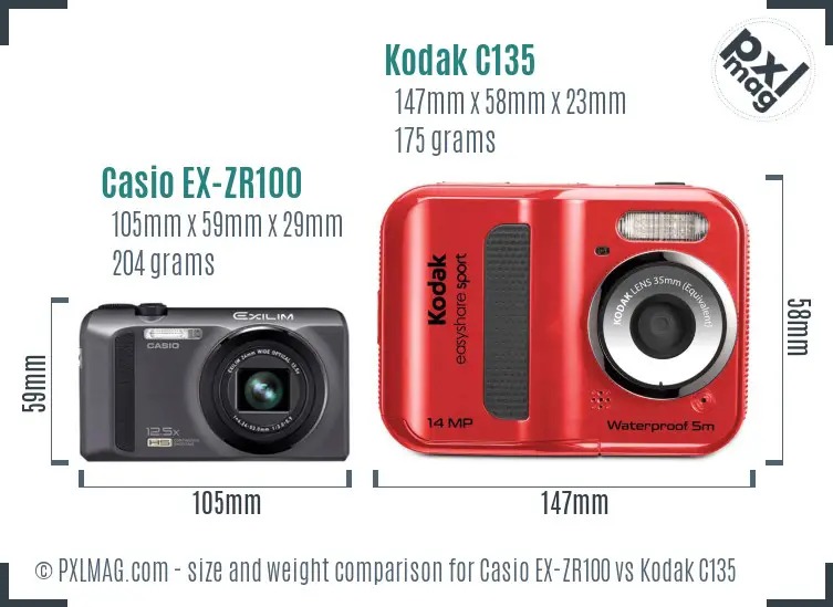 Casio EX-ZR100 vs Kodak C135 size comparison
