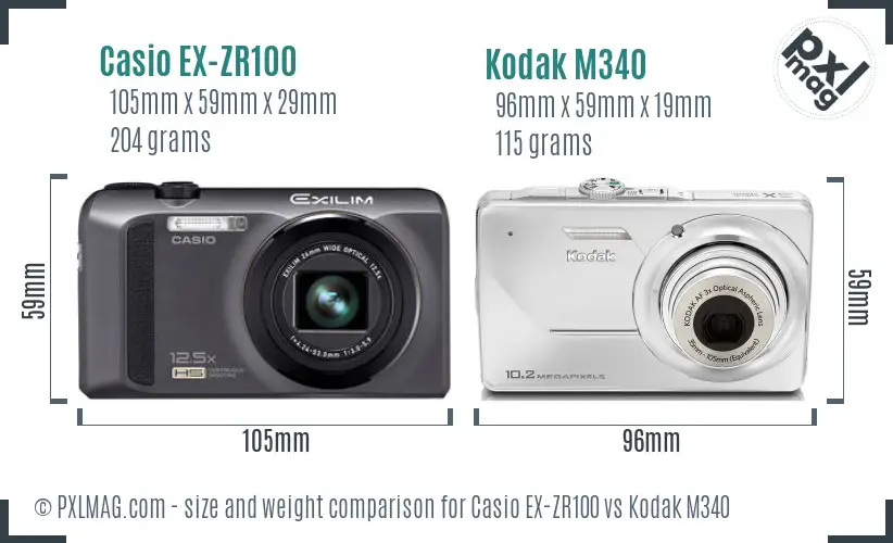 Casio EX-ZR100 vs Kodak M340 size comparison