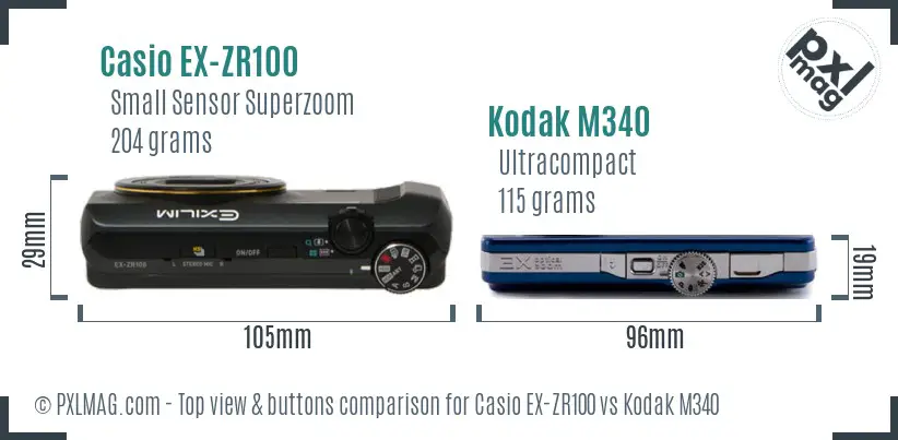 Casio EX-ZR100 vs Kodak M340 top view buttons comparison