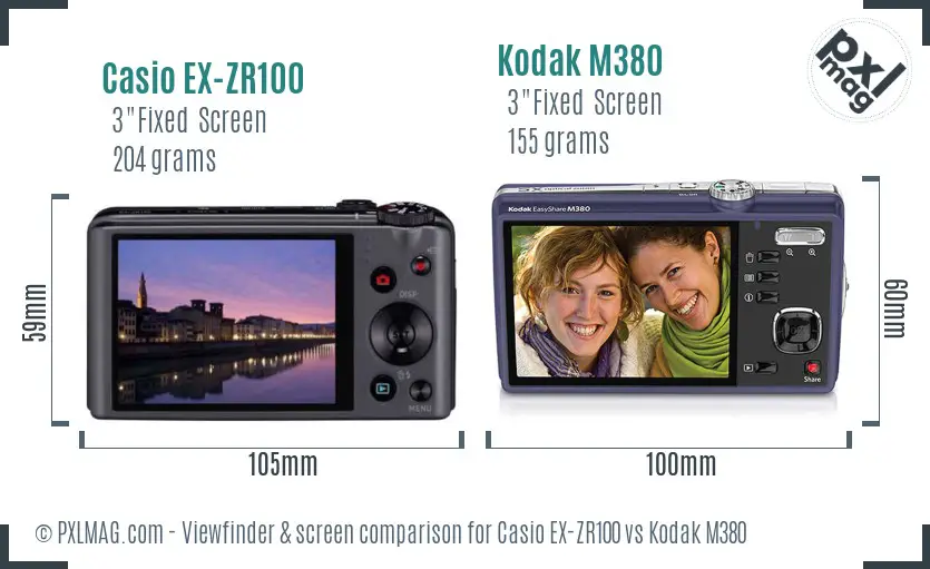 Casio EX-ZR100 vs Kodak M380 Screen and Viewfinder comparison