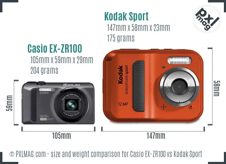 Casio EX-ZR100 vs Kodak Sport size comparison