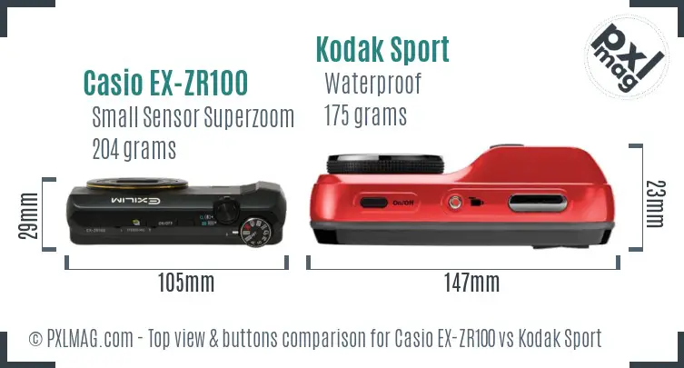 Casio EX-ZR100 vs Kodak Sport top view buttons comparison