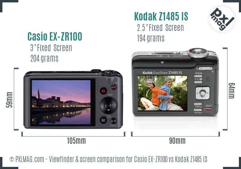 Casio EX-ZR100 vs Kodak Z1485 IS Screen and Viewfinder comparison