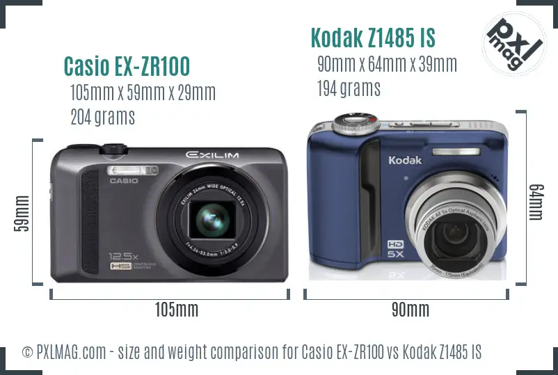 Casio EX-ZR100 vs Kodak Z1485 IS size comparison