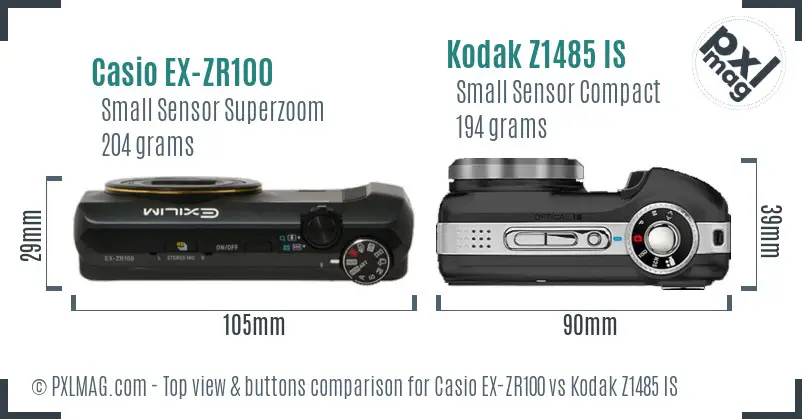 Casio EX-ZR100 vs Kodak Z1485 IS top view buttons comparison