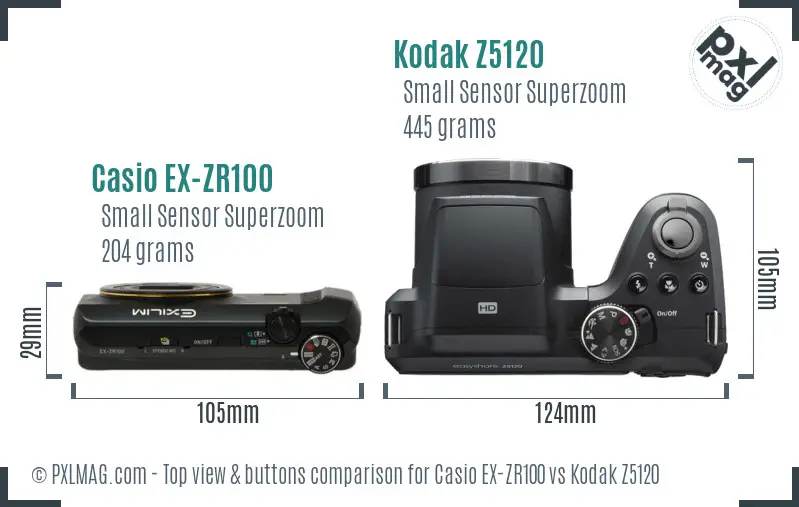 Casio EX-ZR100 vs Kodak Z5120 top view buttons comparison Casio EX-ZR100 vs Kodak Z5120 top view buttons comparison