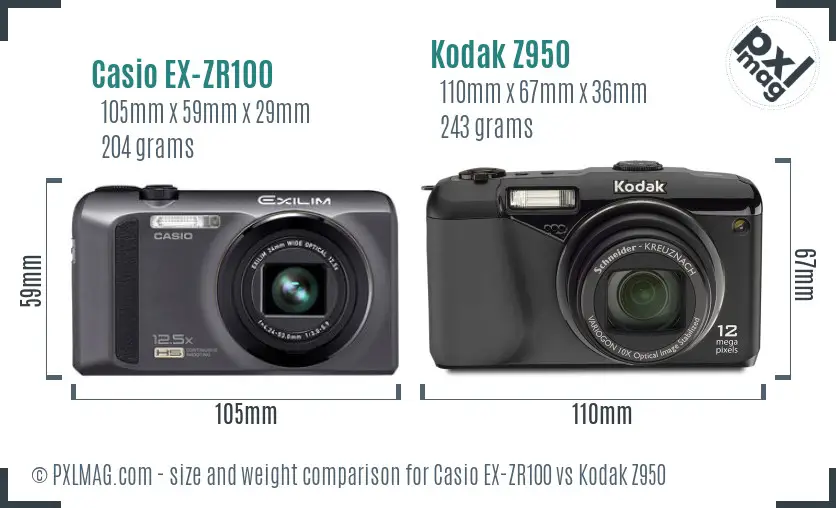 Casio EX-ZR100 vs Kodak Z950 size comparison