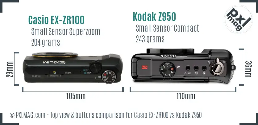 Casio EX-ZR100 vs Kodak Z950 top view buttons comparison