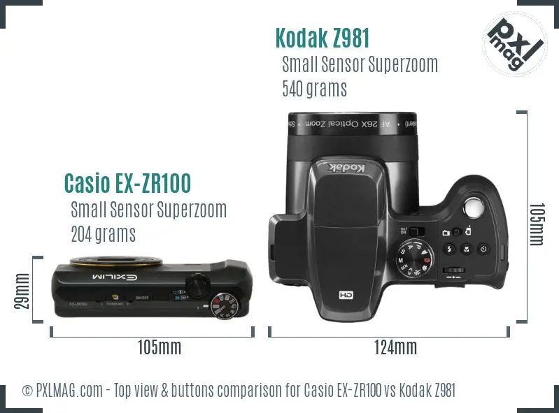 Casio EX-ZR100 vs Kodak Z981 top view buttons comparison
