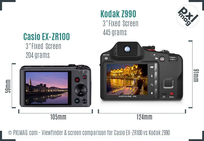 Casio EX-ZR100 vs Kodak Z990 Screen and Viewfinder comparison