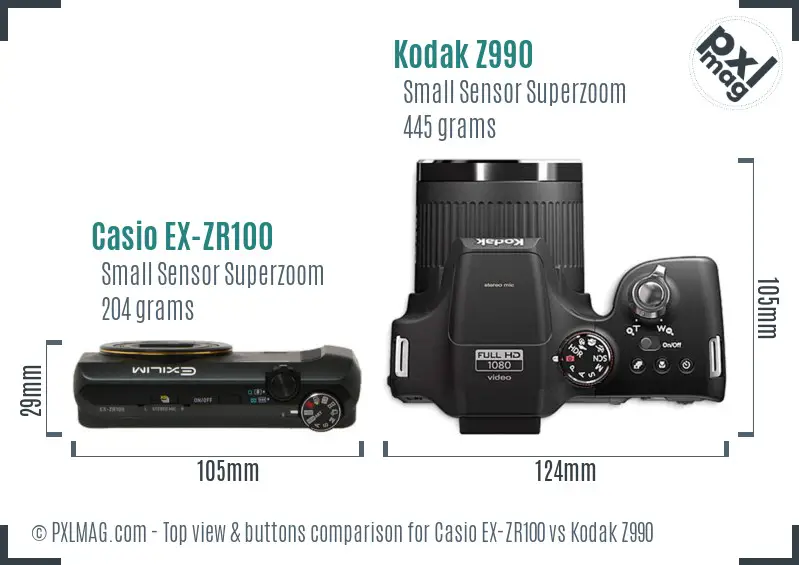 Casio EX-ZR100 vs Kodak Z990 top view buttons comparison