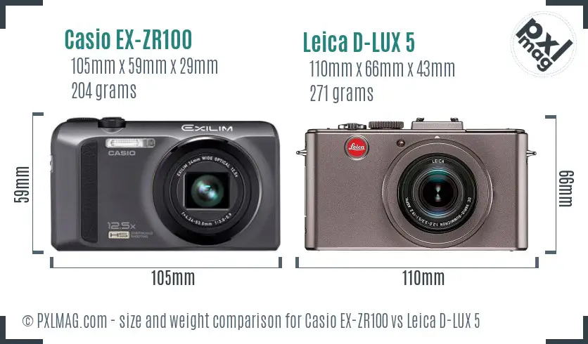 Casio EX-ZR100 vs Leica D-LUX 5 size comparison