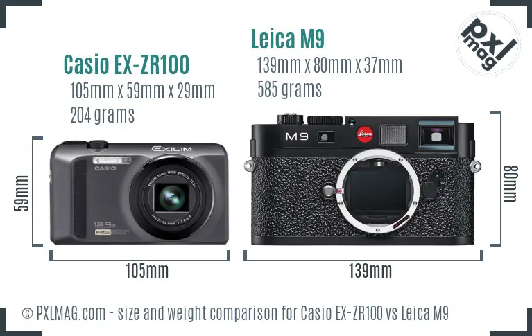 Casio EX-ZR100 vs Leica M9 size comparison
