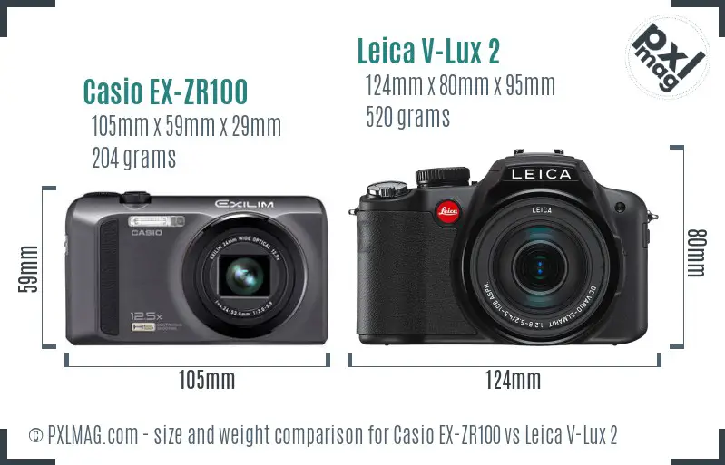 Casio EX-ZR100 vs Leica V-Lux 2 size comparison Casio EX-ZR100 vs Leica V-Lux 2 size comparison