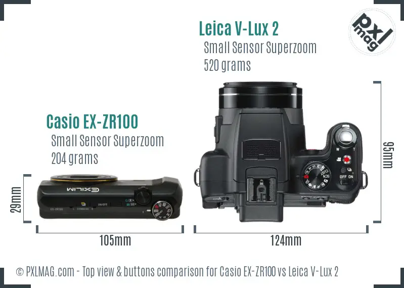 Casio EX-ZR100 vs Leica V-Lux 2 top view buttons comparison Casio EX-ZR100 vs Leica V-Lux 2 top view buttons comparison