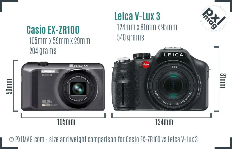Casio EX-ZR100 vs Leica V-Lux 3 size comparison