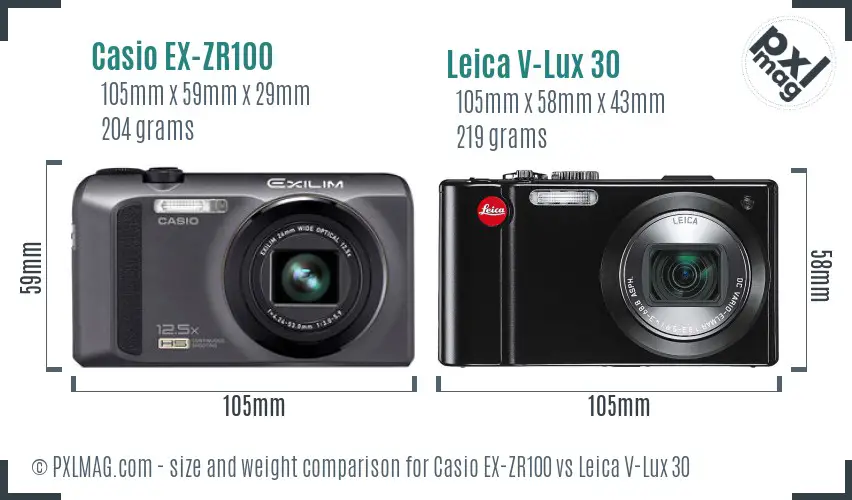 Casio EX-ZR100 vs Leica V-Lux 30 size comparison