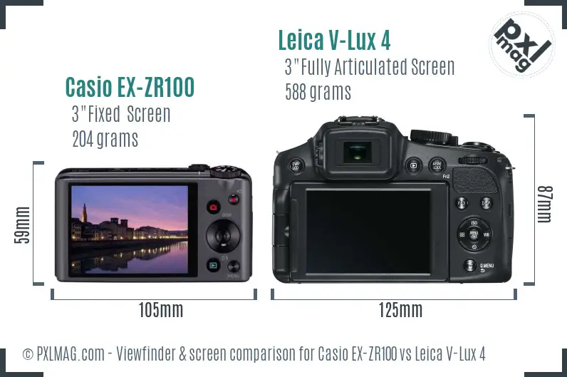 Casio EX-ZR100 vs Leica V-Lux 4 Screen and Viewfinder comparison