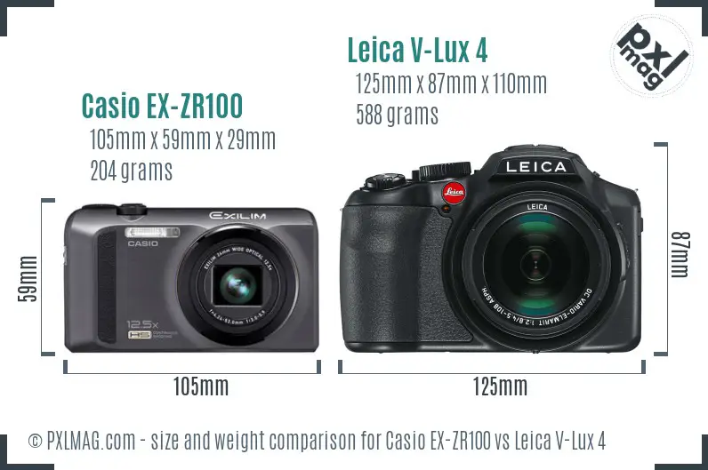 Casio EX-ZR100 vs Leica V-Lux 4 size comparison