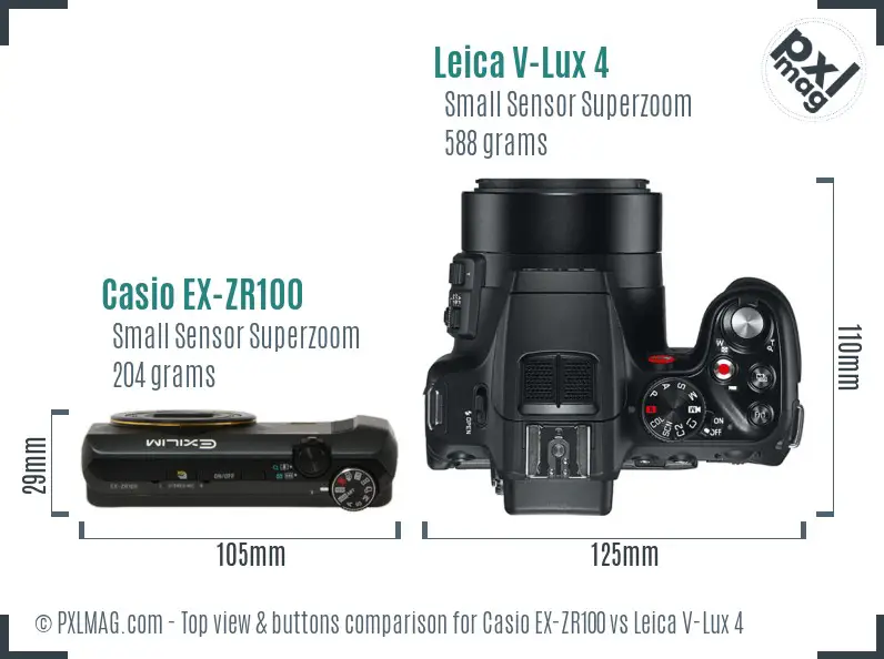 Casio EX-ZR100 vs Leica V-Lux 4 top view buttons comparison
