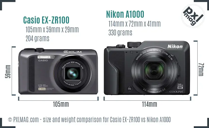 Casio EX-ZR100 vs Nikon A1000 size comparison