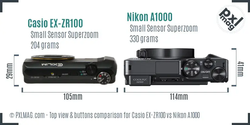Casio EX-ZR100 vs Nikon A1000 top view buttons comparison