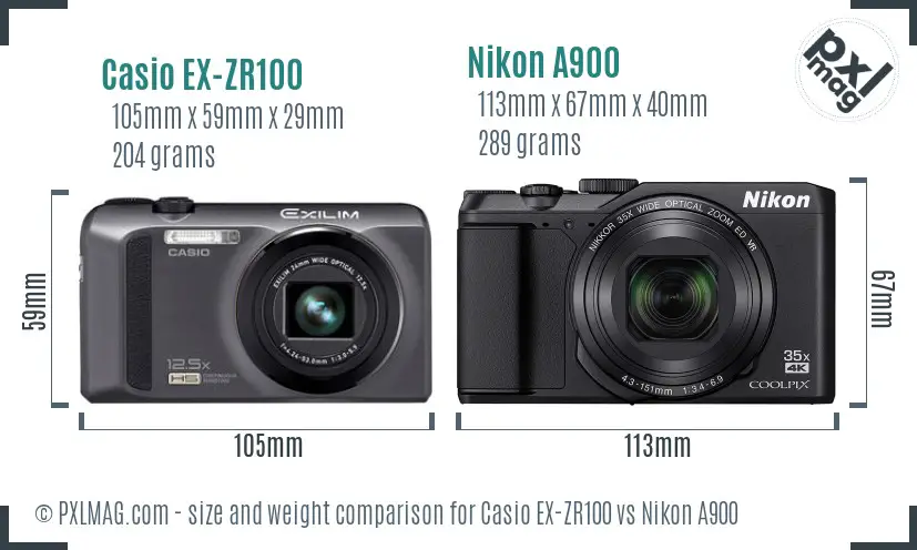 Casio EX-ZR100 vs Nikon A900 size comparison