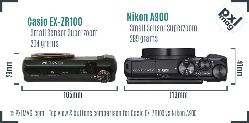 Casio EX-ZR100 vs Nikon A900 top view buttons comparison