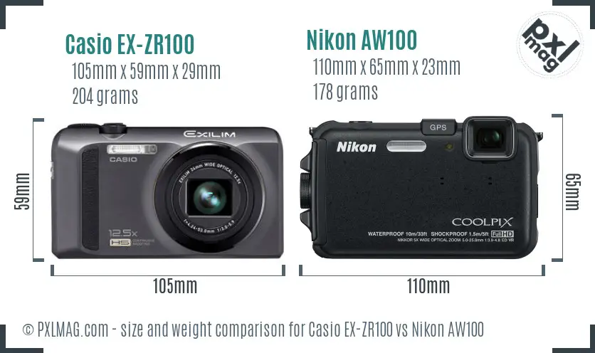 Casio EX-ZR100 vs Nikon AW100 size comparison