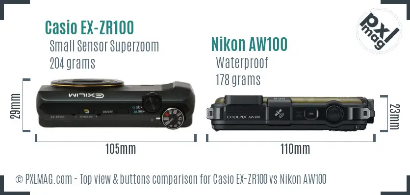 Casio EX-ZR100 vs Nikon AW100 top view buttons comparison
